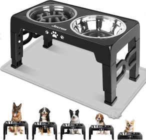 Elevated Dog Bowls for Small Dogs and Cats with Mat, Non-Slip Cat Bowls with 2 Thick 5.5" Stainless Steel Dishes (Color: Black    8" for Medium Dogs 1 Basic&1Slow Bowl with Mat)